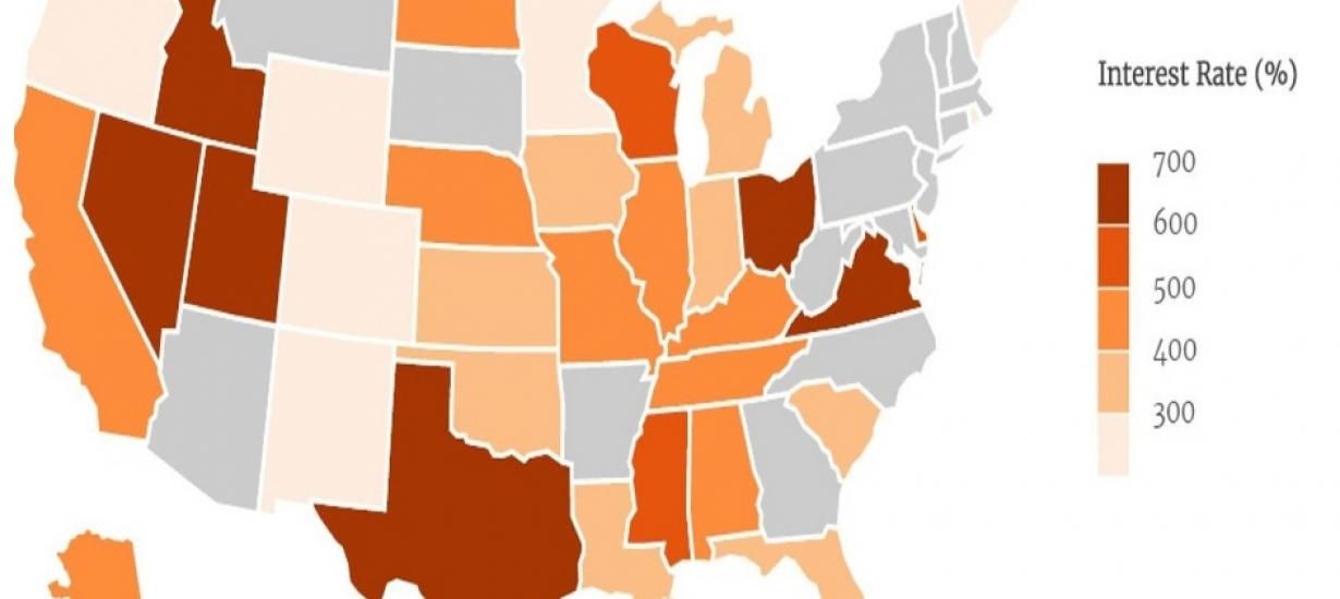 THIS MAP SHOWS THE STATES WHERE PAYDAY LOANS CHARGE NEARLY 700 PERCENT INTEREST